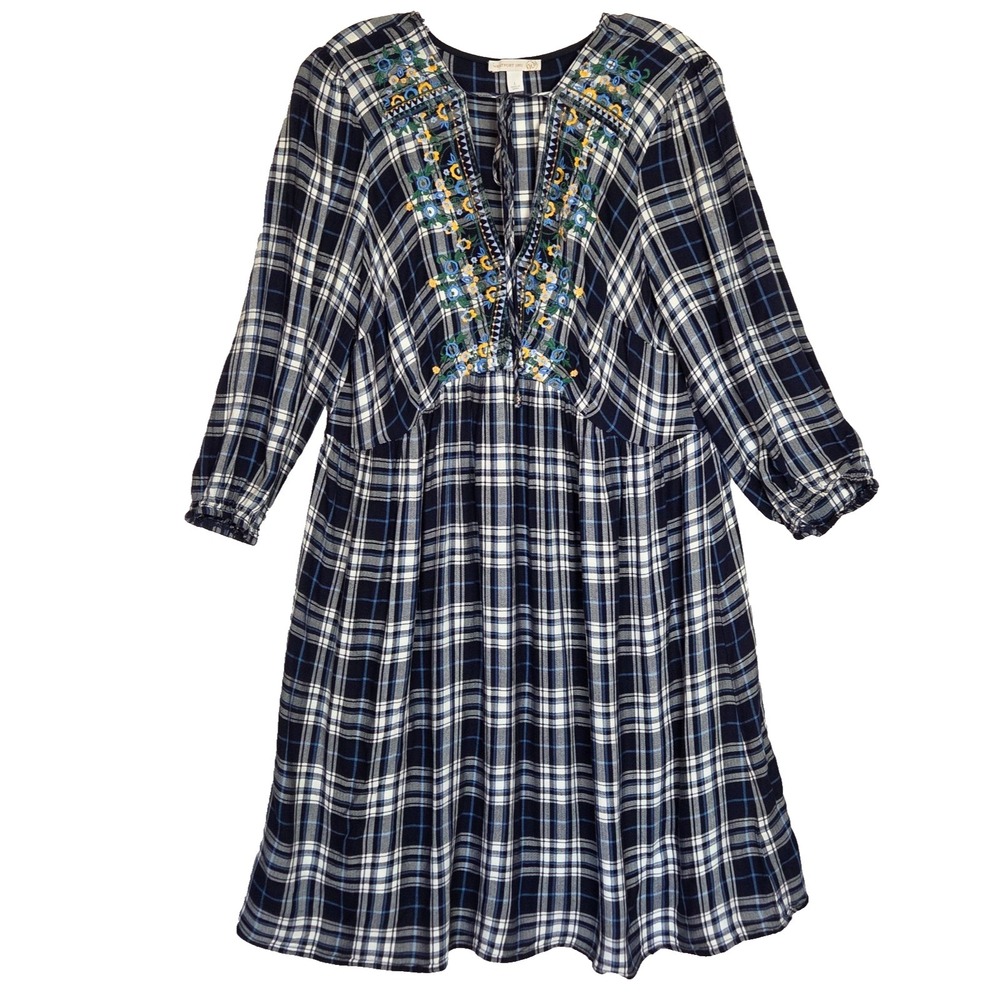 Westport 1962 Dress L Navy Blue Plaid Floral Embroidered Boho Prairieโ Cottage